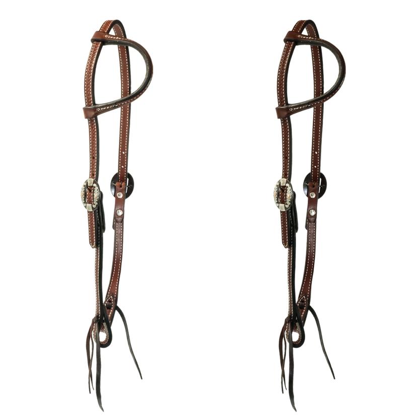 Basket Weave Double Buckle Slide Ear Headstall in Light or Dark Oil