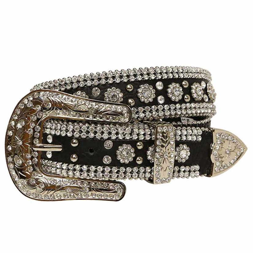 Angel Ranch Womens Black Leather Rhinestone Silver Stud Belt