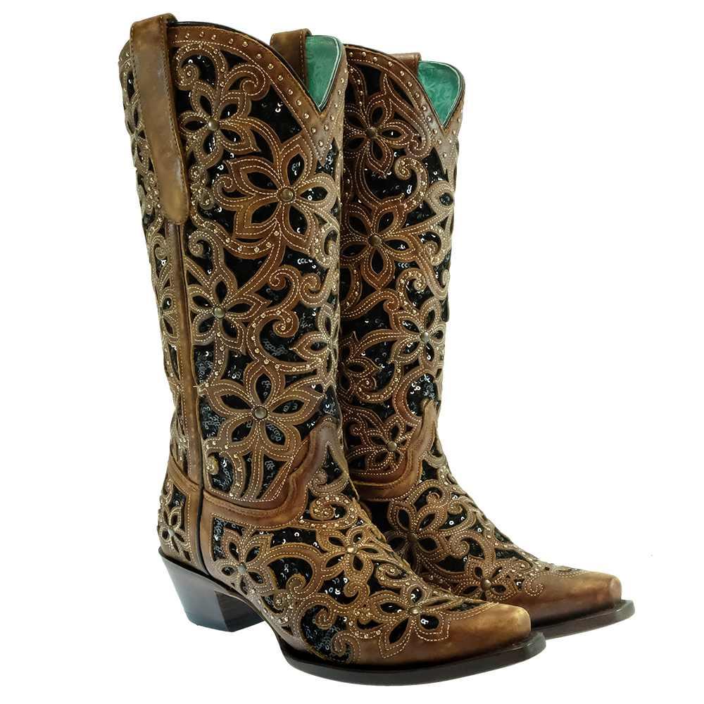 Corral Black Inlay Embroidered Studded Women's Boots