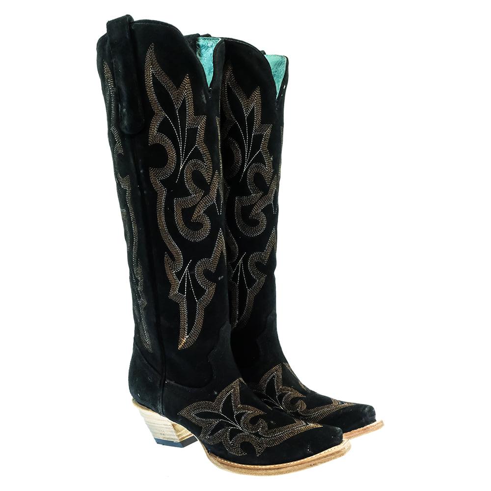 Corral Black Sued Embroidery Tall Top Women's Fashion Boots