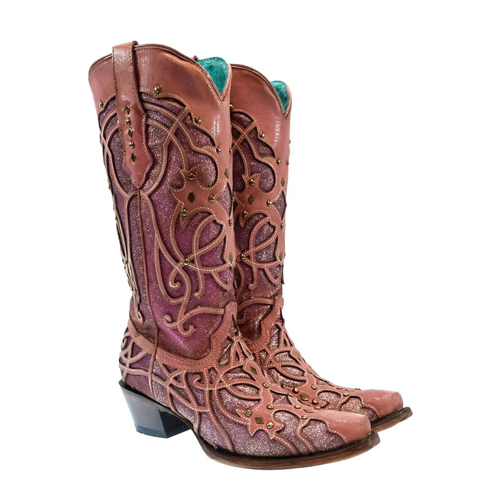 Corral Pink Glitter Inlay Embroidery Women's Boots