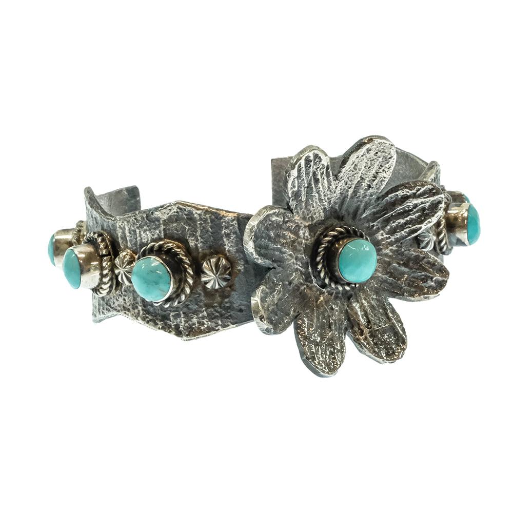 W.D.Native American Navajo Sterling Silver Turquoise Flower Bracelet Cuff