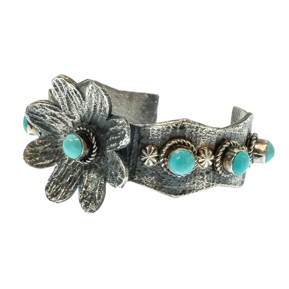 W.D.Native American Navajo Sterling Silver Turquoise Flower Bracelet Cuff