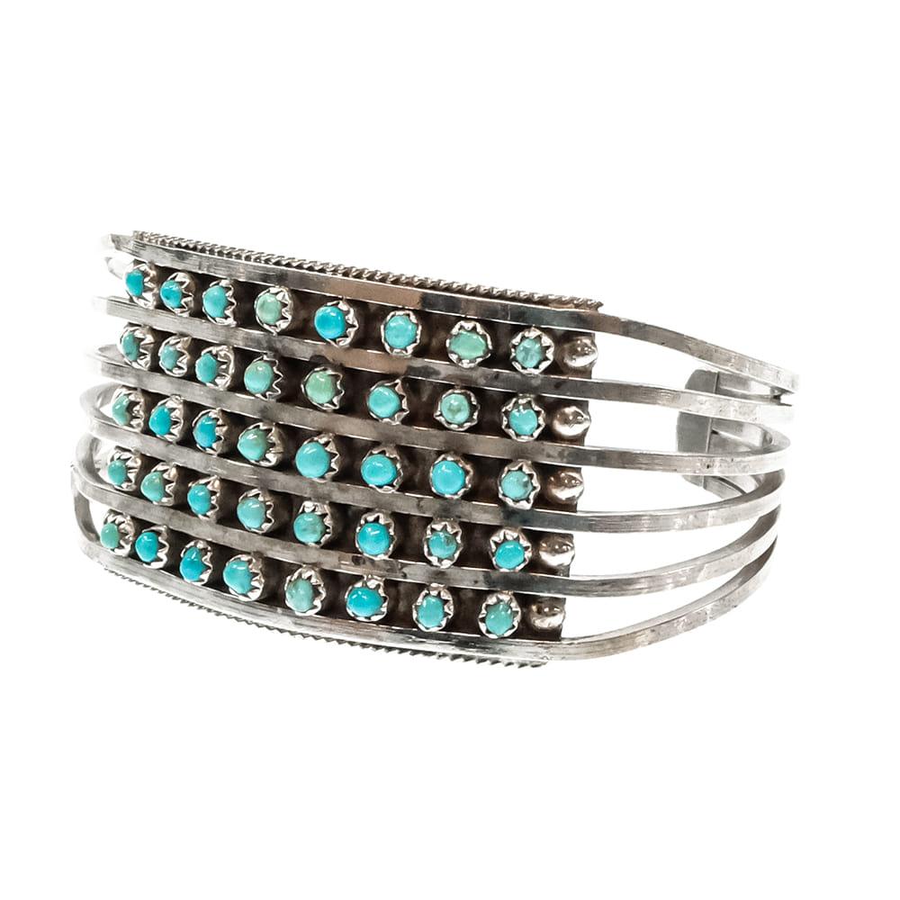 Cuff S.L. Native American Zuni Sterling Silver 5 Row Turquoise Cuff