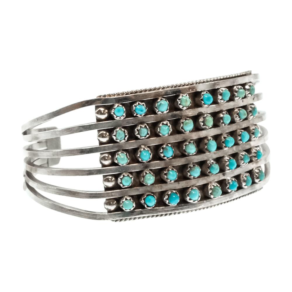 Cuff S.L. Native American Zuni Sterling Silver 5 Row Turquoise Cuff