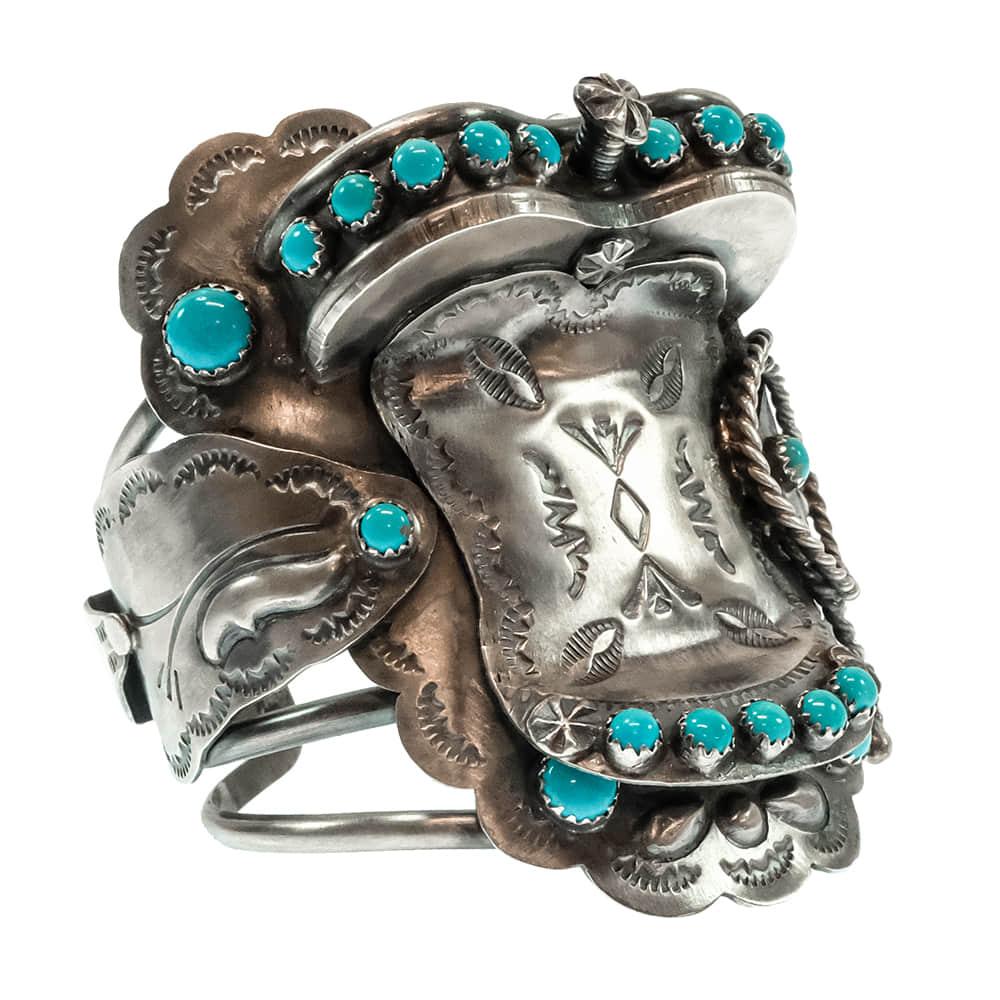 Tim Yazzie Native American Sterling Silver Saddle Turquoise Bracelet Cuff