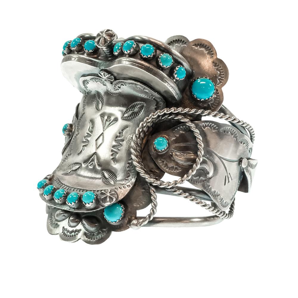 Tim Yazzie Native American Sterling Silver Saddle Turquoise Bracelet Cuff