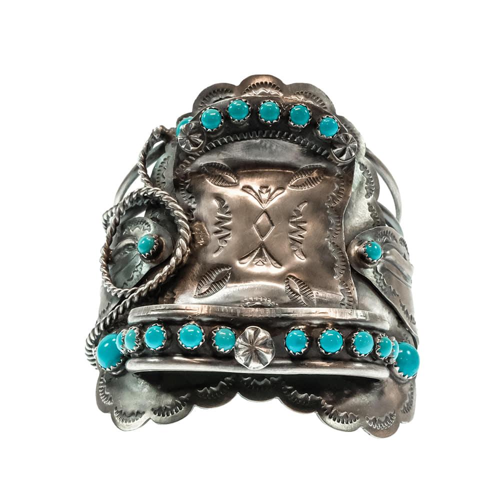 Tim Yazzie Native American Sterling Silver Saddle Turquoise Bracelet Cuff