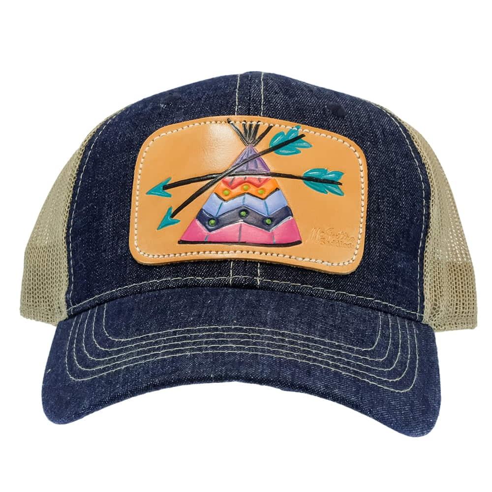 Miranda Mcintire Serape Teepee Leather Patch Denim and Tan Cap