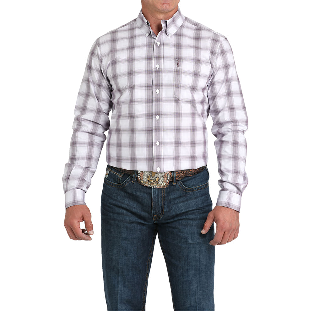 Cinch Apparel Cinch Men's Modern Fit White and Purple Plaid Long Sleeve Button-Down Shirt
