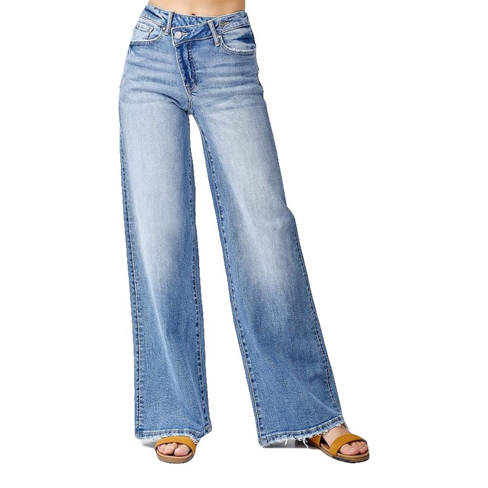 Risen Mid Rise Crossover Wide Leg Women's Jeans in Medium Wash