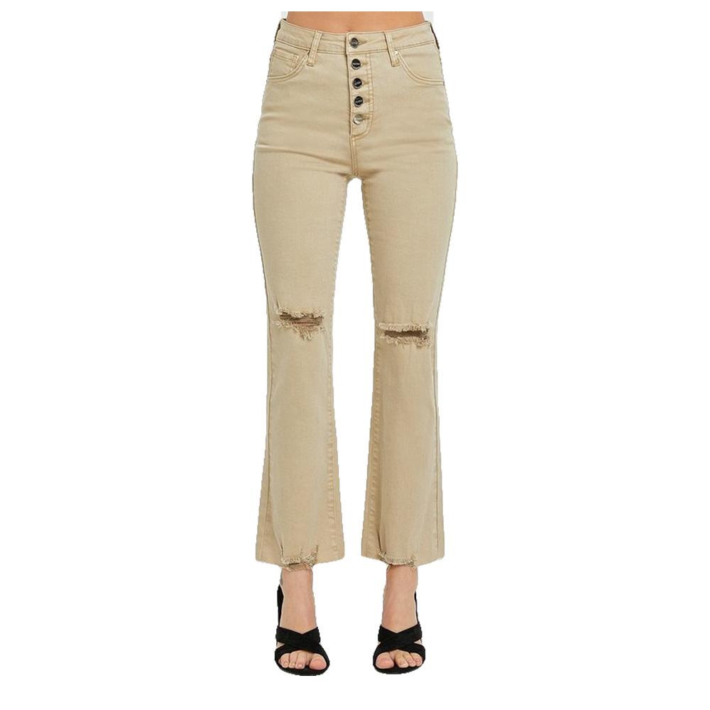 Risen High Rise Button Down Ankle Straight Women's Jeans in Khaki