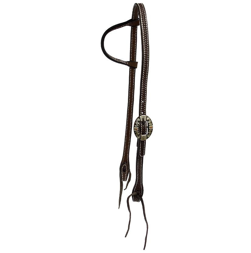 Basket Weave Double Buckle Slide Ear Headstall in Light or Dark Oil