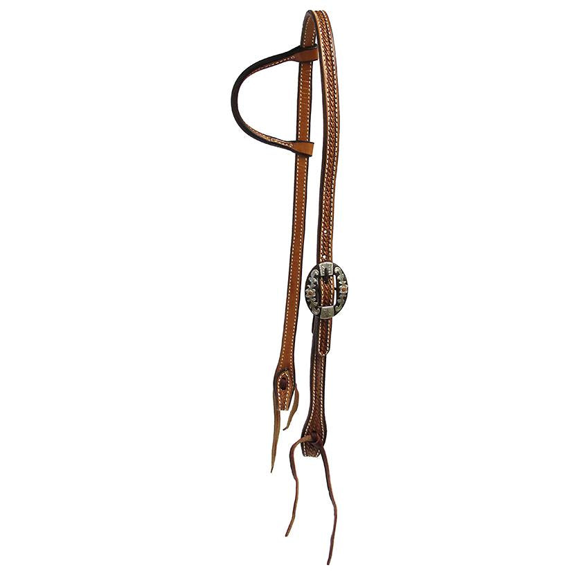 Basket Weave Double Buckle Slide Ear Headstall in Light or Dark Oil