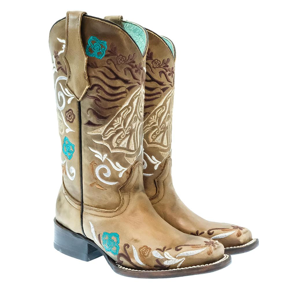 Corral Tan Horse Embroidery Square Toe Girls Boots