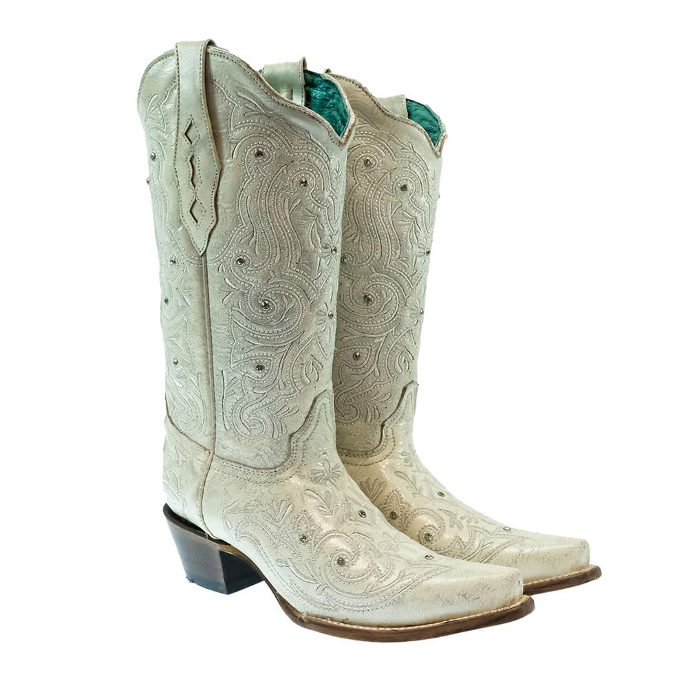 Corral Bone Crystal Embroidered White Snip Toe Women's Boots