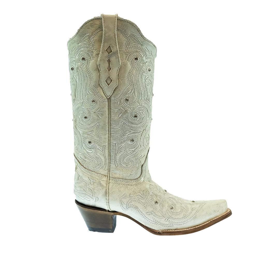 Corral Bone Crystal Embroidered White Snip Toe Women's Boots