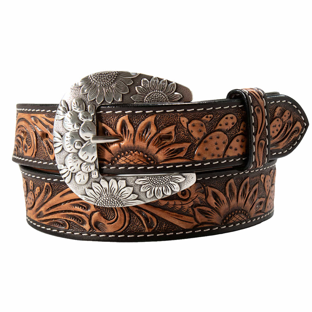Angel Ranch Apparel Angel Ranch Ladies Belt 1 1/2 Hand Tooled Sunflower Cactus Brown