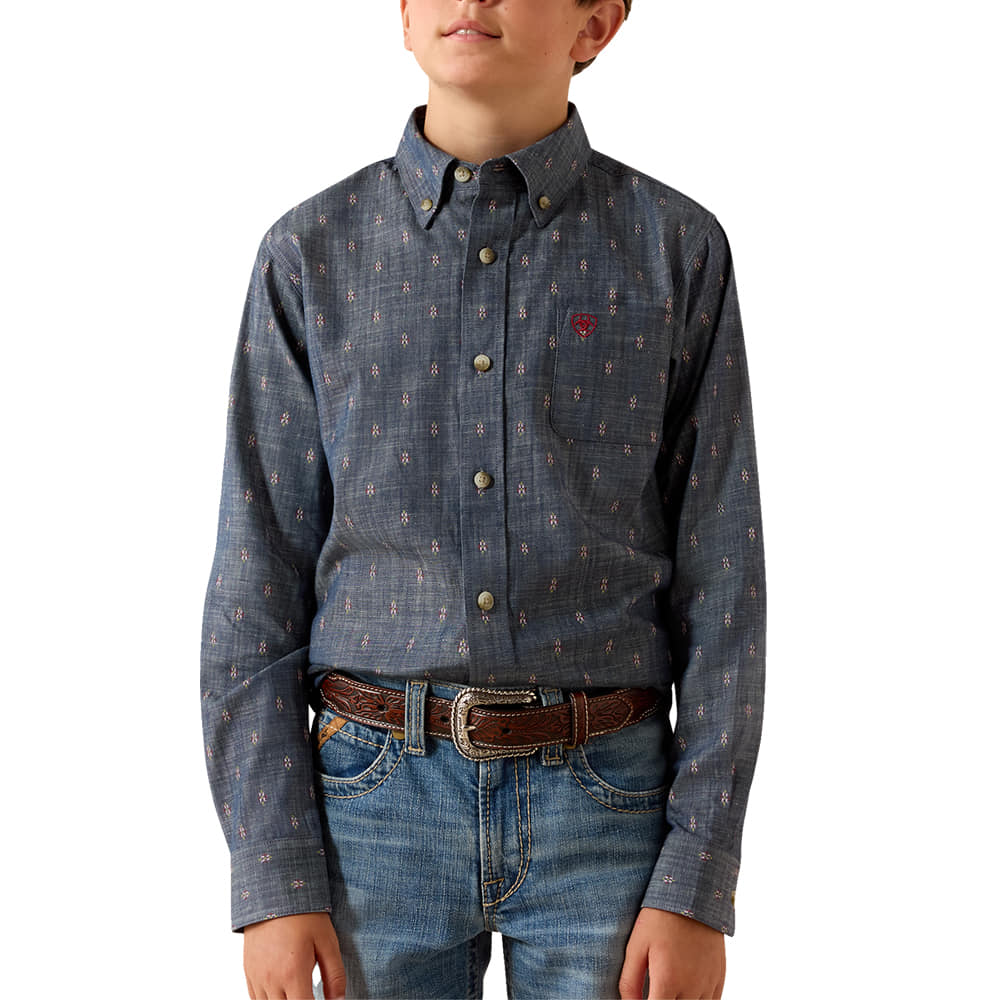 Ariat Apparel Ariat Boy's Long Sleeve Button-Down Teague Shirt in Chambray Blue Medallion Print