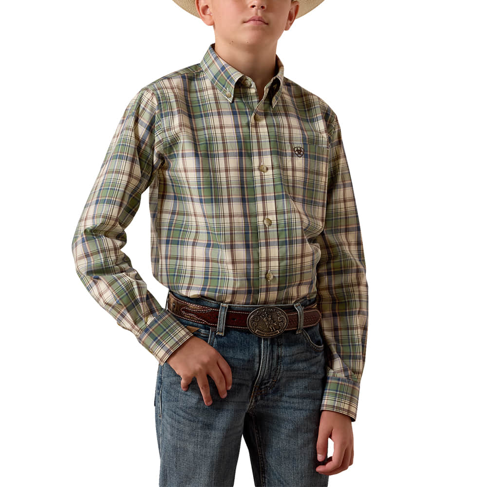 Ariat Apparel BOYS LONG SLEEVE BUTTON DOWN PRO SERIES SEBASTIAN SHIRT IN BRONZE GREEN PLAID