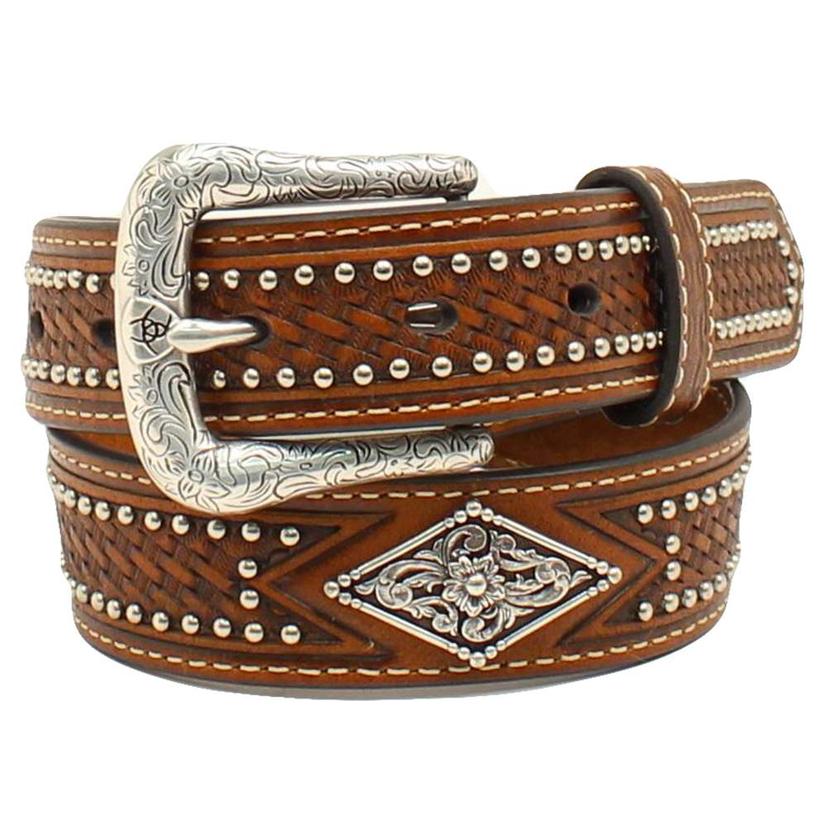 Ariat Apparel Kids Brown Leather Basketweave Belt with Silver Studs and Diamond Accent