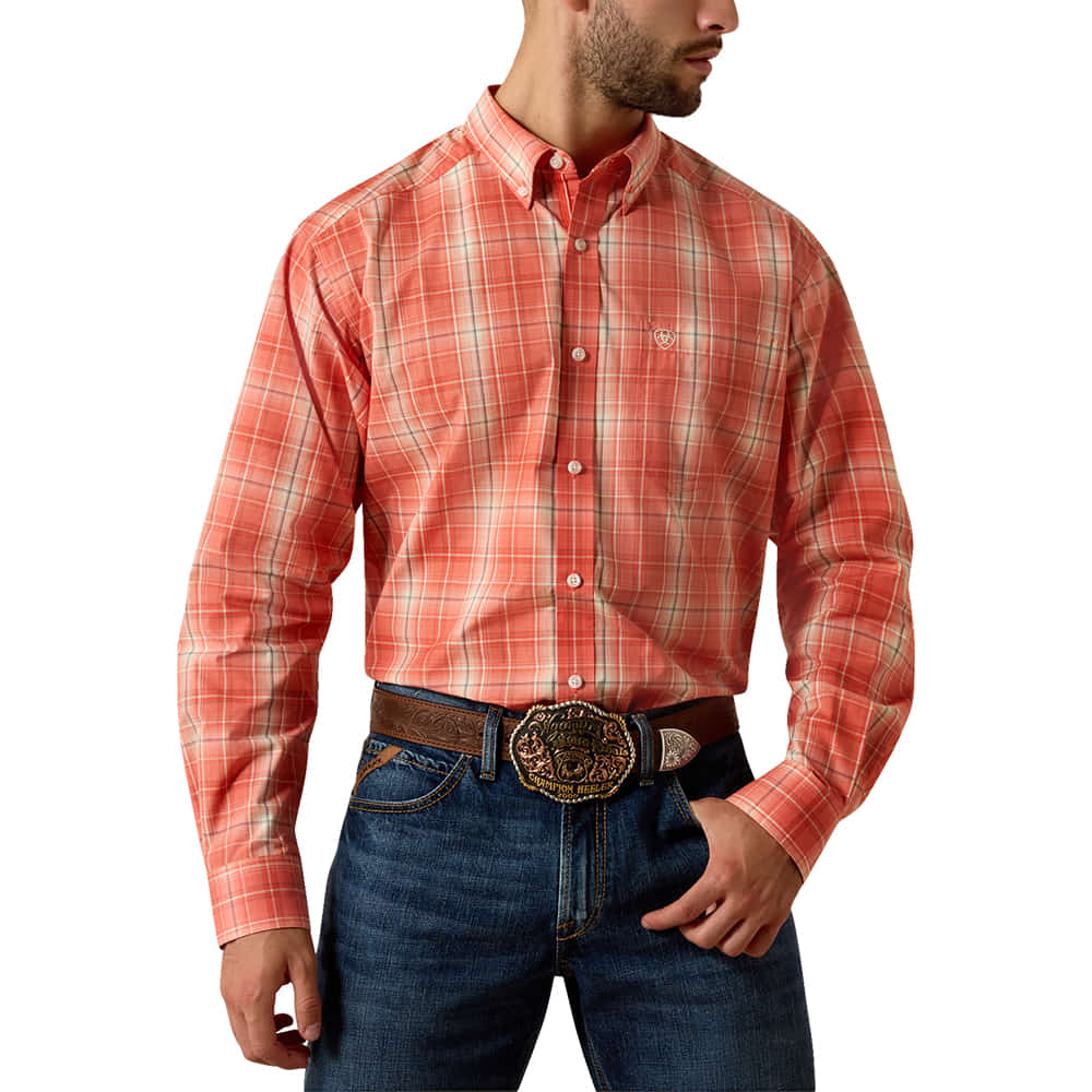 Ariat Apparel MENS PRO SERIES LONG SLEEVE BUTTON DOWN NOBLE SHIRT IN HOT CORAL PLAID