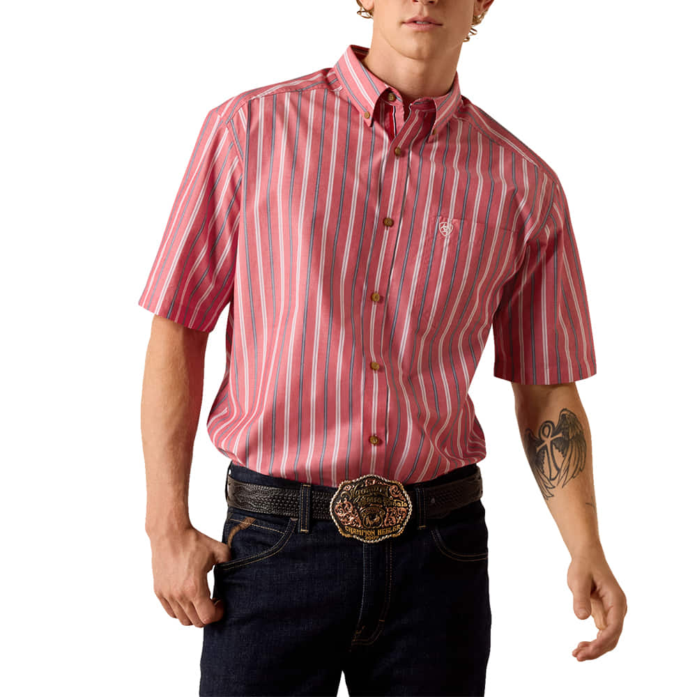 Ariat Apparel MENS PRO SERIES SHORT SLEEVE BUTTON DOWN BOBBY SHIRT IN HIBISCUS RED STRIPE