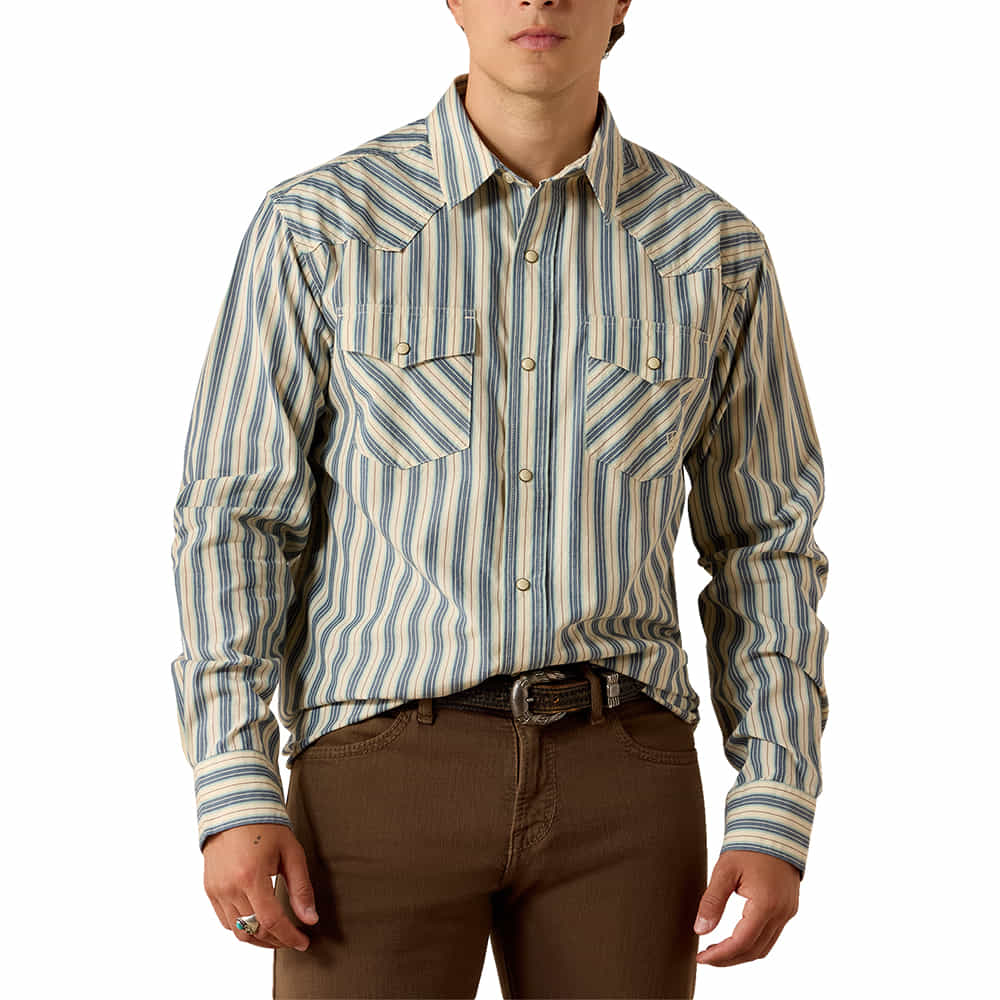 Ariat Apparel MENS RETRO LONG SLEEVE HART SNAP SHIRT IN WHITE SWAN STRIPE