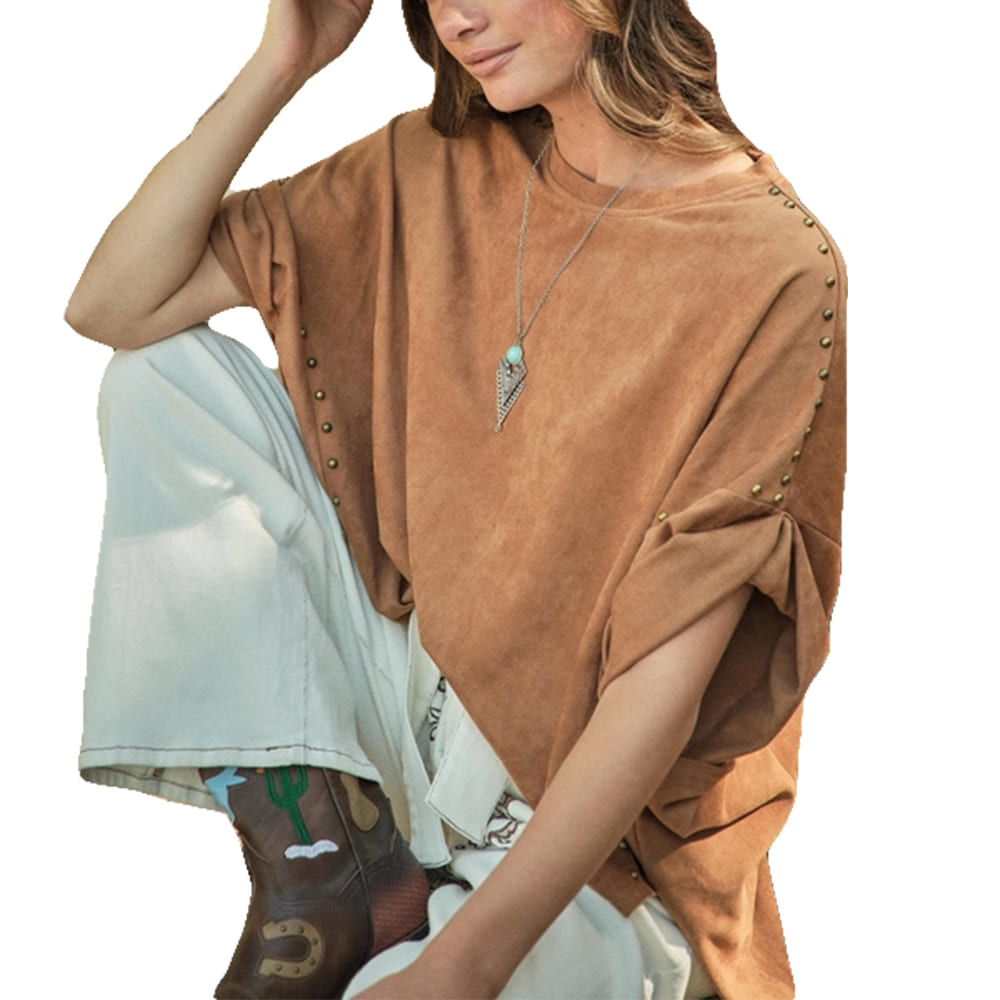 Blue B Apparel Blue B Women's Camel Studded High Low Oversized Tee