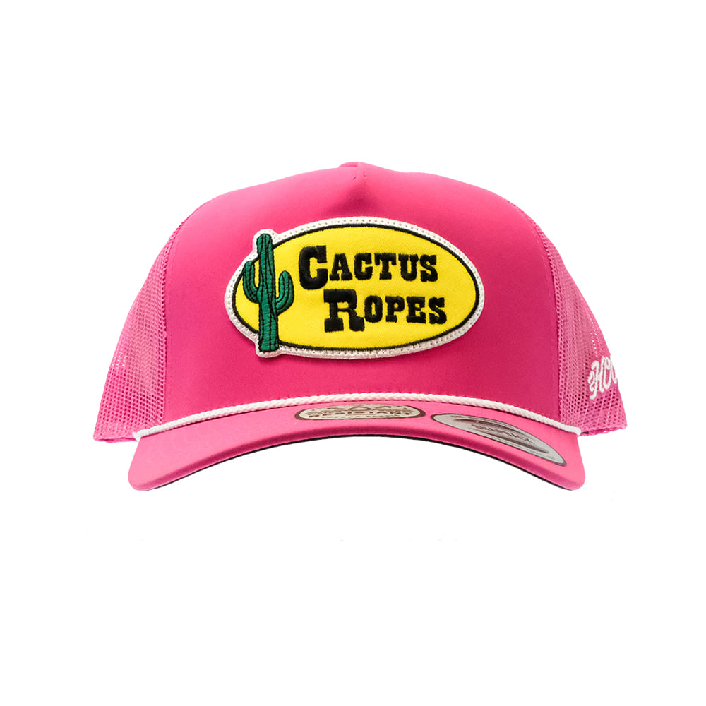 Cactus Ropes Hats Hooey-Cactus 5 Panel Pink Trucker Cap With Yellow Black Oval Patch