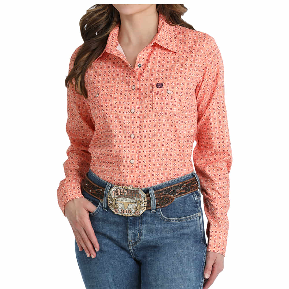 Cinch Apparel Cinch Arenaflex Women's Long Sleeve Button-Down Shirt in Coral