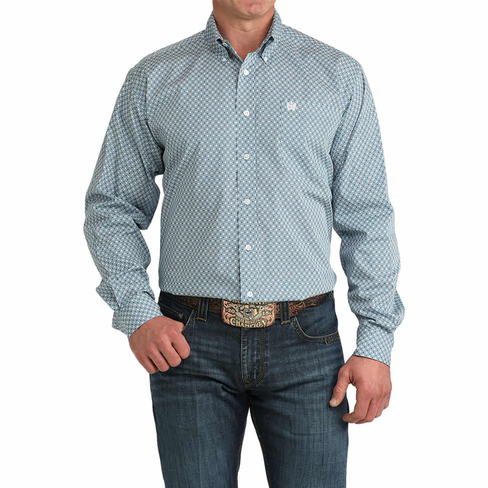 Cinch Apparel Cinch Blue Geometric Pattern Long Sleeve Button Down Men's Shirt
