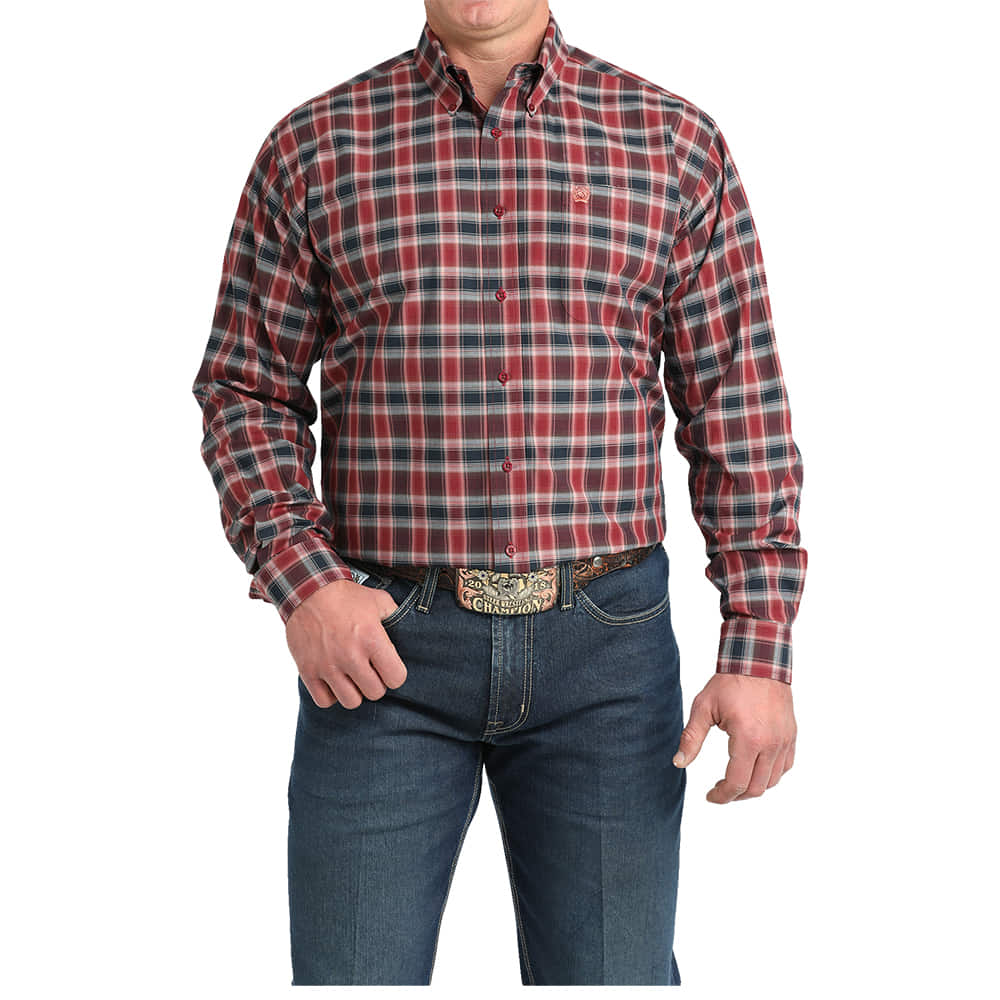 Cinch Apparel Cinch Burgundy Plaid Long Sleeve Men's Button-Down Shirt