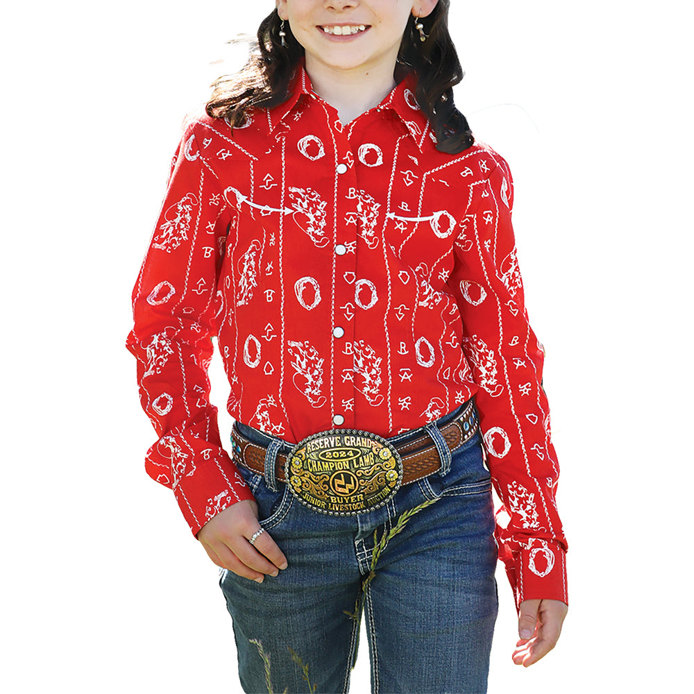 Cinch Apparel Cinch Girl's Red Long Sleeve Cream Snap Shirt