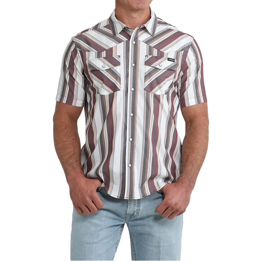Cinch Apparel Cinch Men's Camp Short Sleeve Striped Shirt In White
