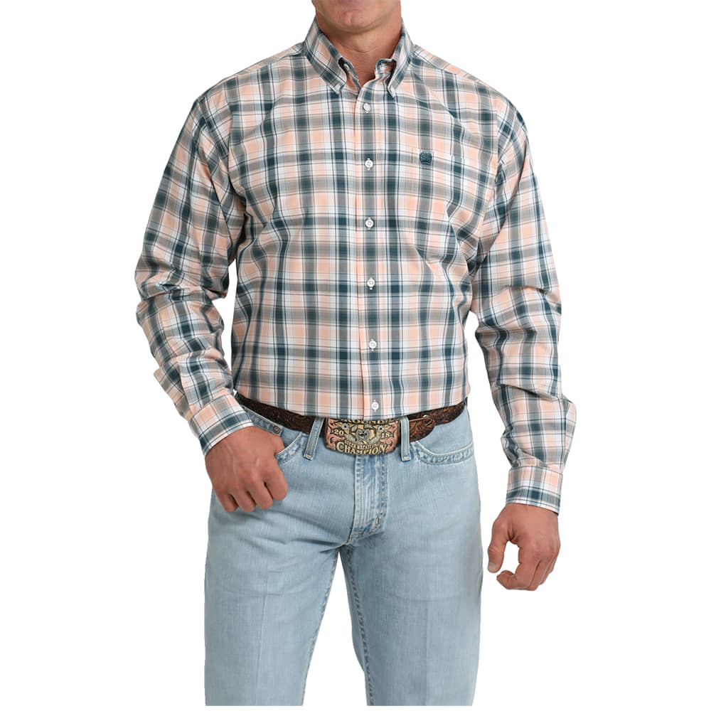 Cinch Apparel Cinch Men's Long Sleeve Plaid Button-Down Shirt in Coral