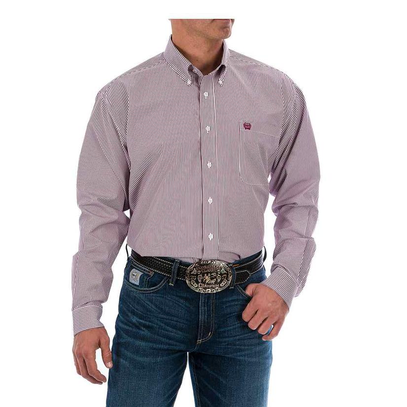Cinch Apparel Cinch Mens Burgundy Tencel Stripe Long Sleeve Button Down Shirt