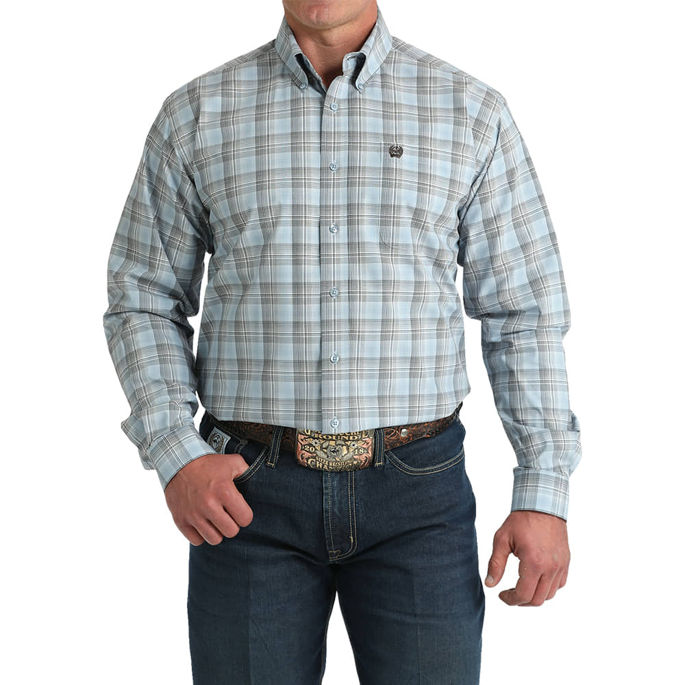 Cinch Apparel Cinch Mens Light Blue Plaid Long Sleeve Shirt