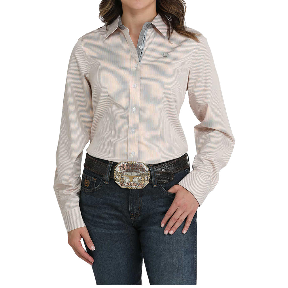 Cinch Apparel Cinch Orange And White Tencel Stripped Long Sleeve Button-Down Shirt