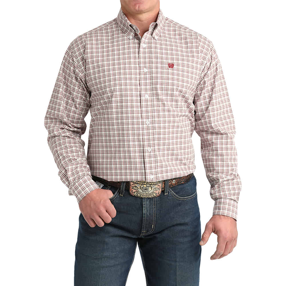 Cinch Apparel Cinch Red and White Plaid Long Sleeve Button-Down Men's Shirt