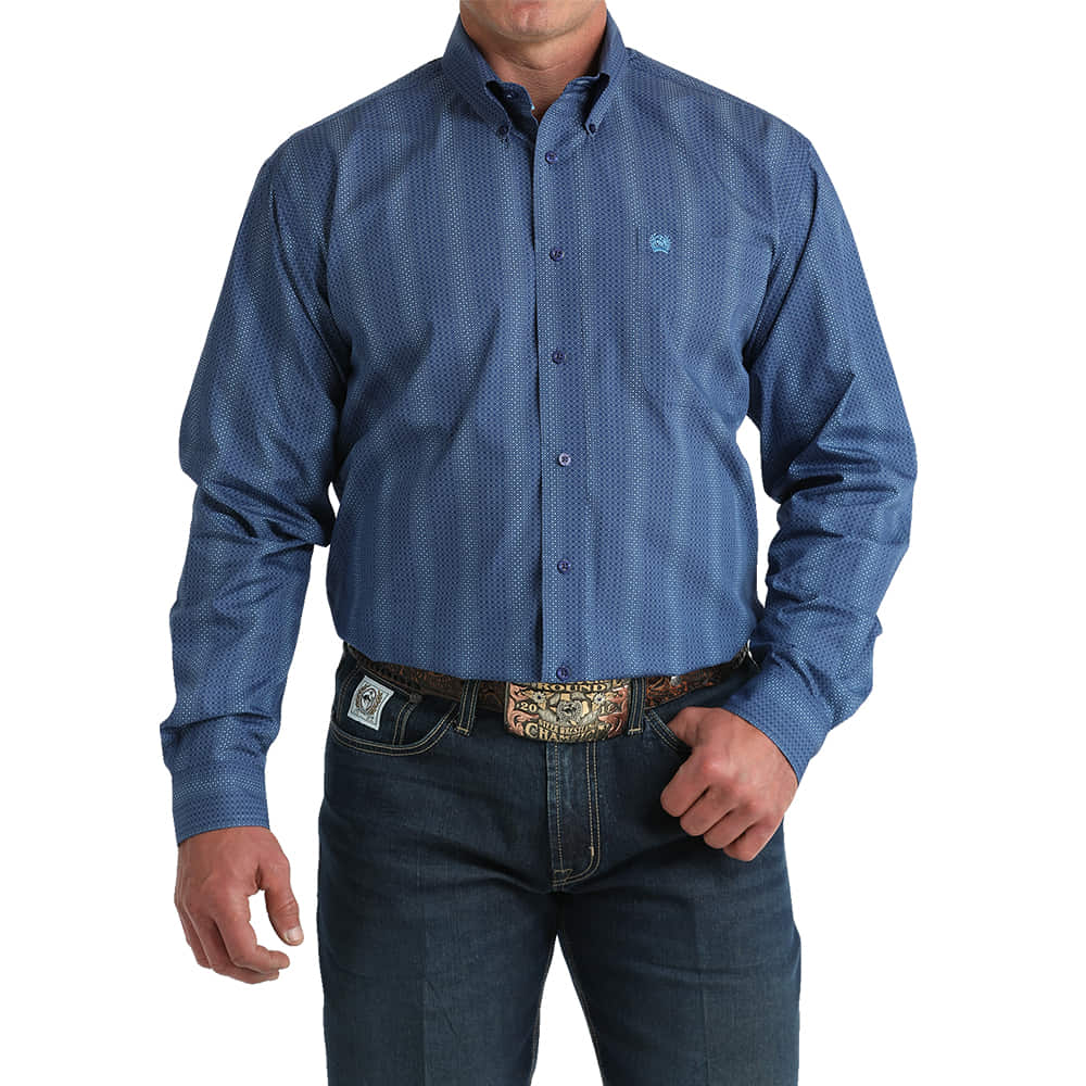 Cinch Apparel Cinch Royal Blue Printed Long Sleeve Button Down Mens Shirt