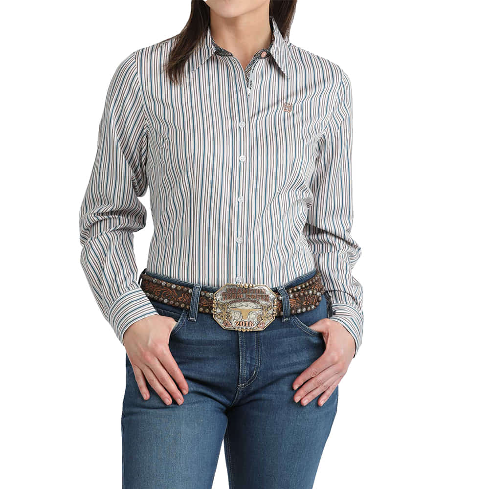 Cinch Apparel Cinch Striped Tan Tencel Long Sleeve Button Down Ladies Shirt