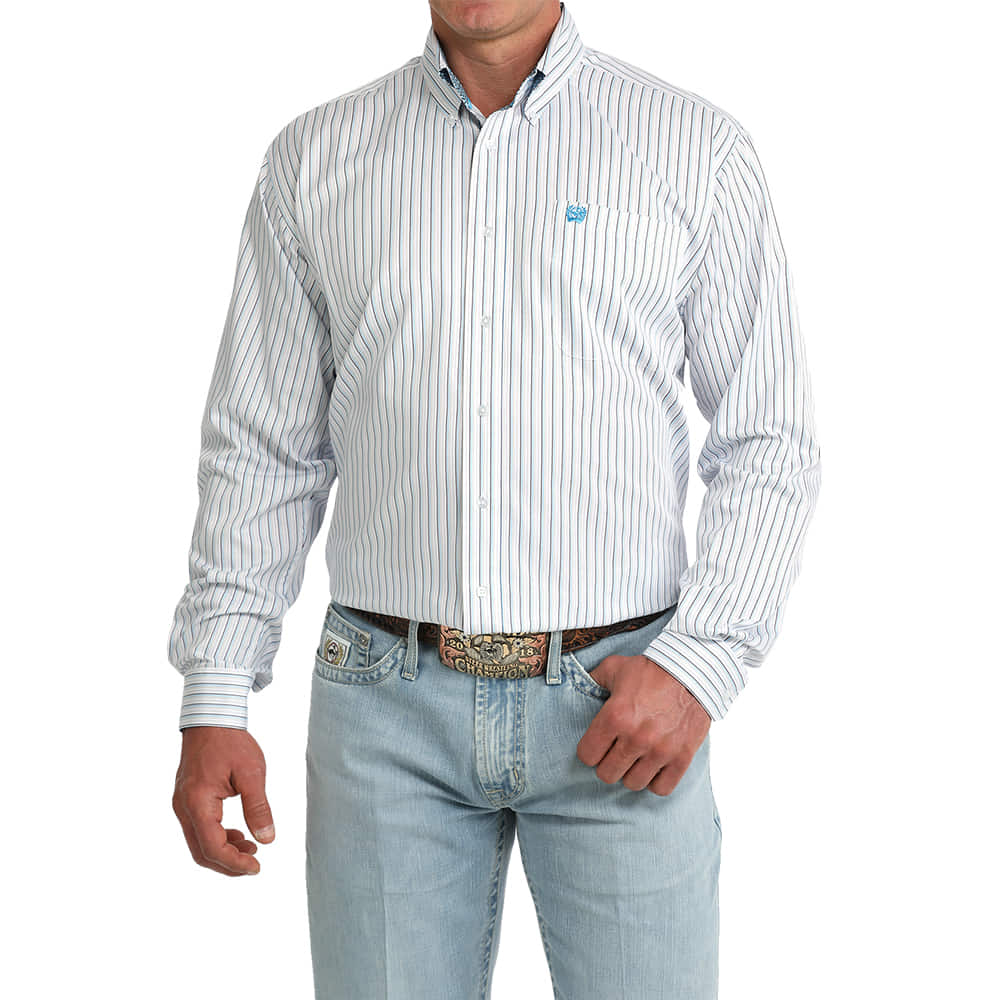 Cinch Apparel Cinch Tencel Long Sleeve Men's Button-Down Shirt in White and Blue