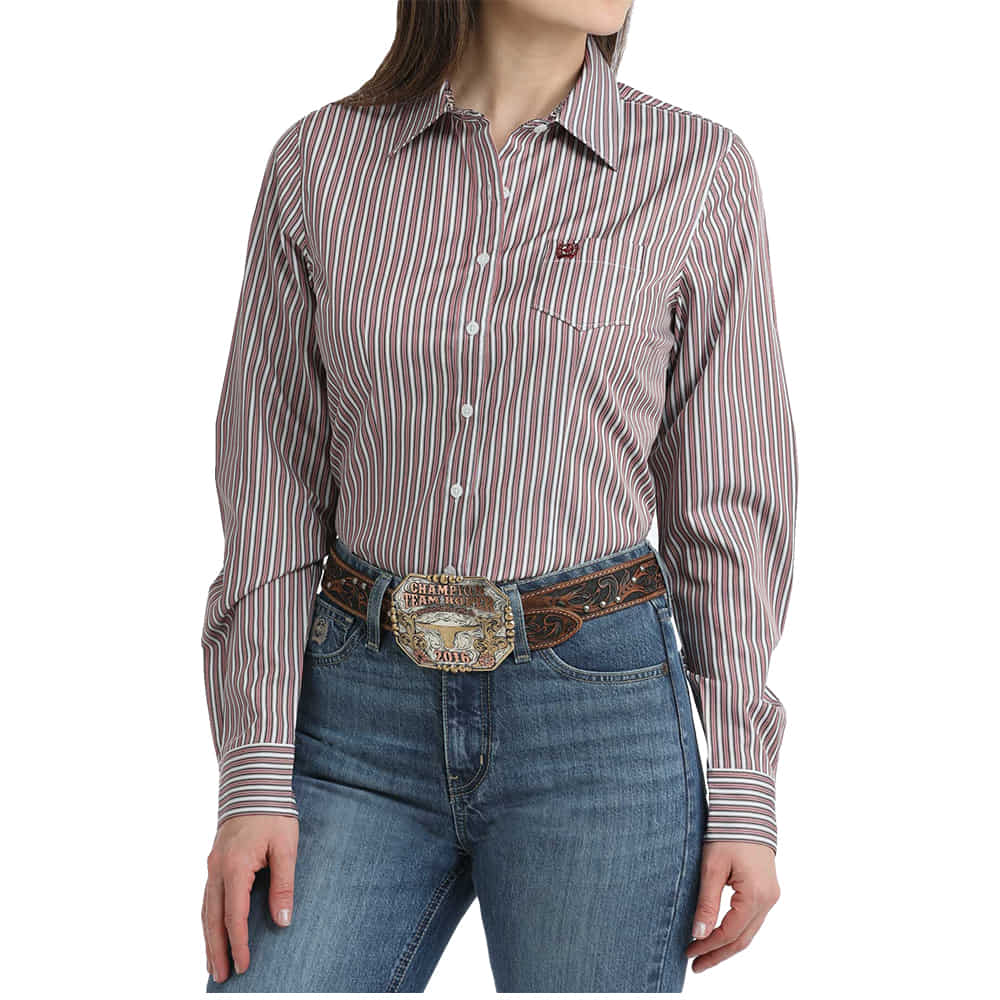 Cinch Apparel Cinch Tencel Red Striped Long Sleeve Button-Down Women's Shirt