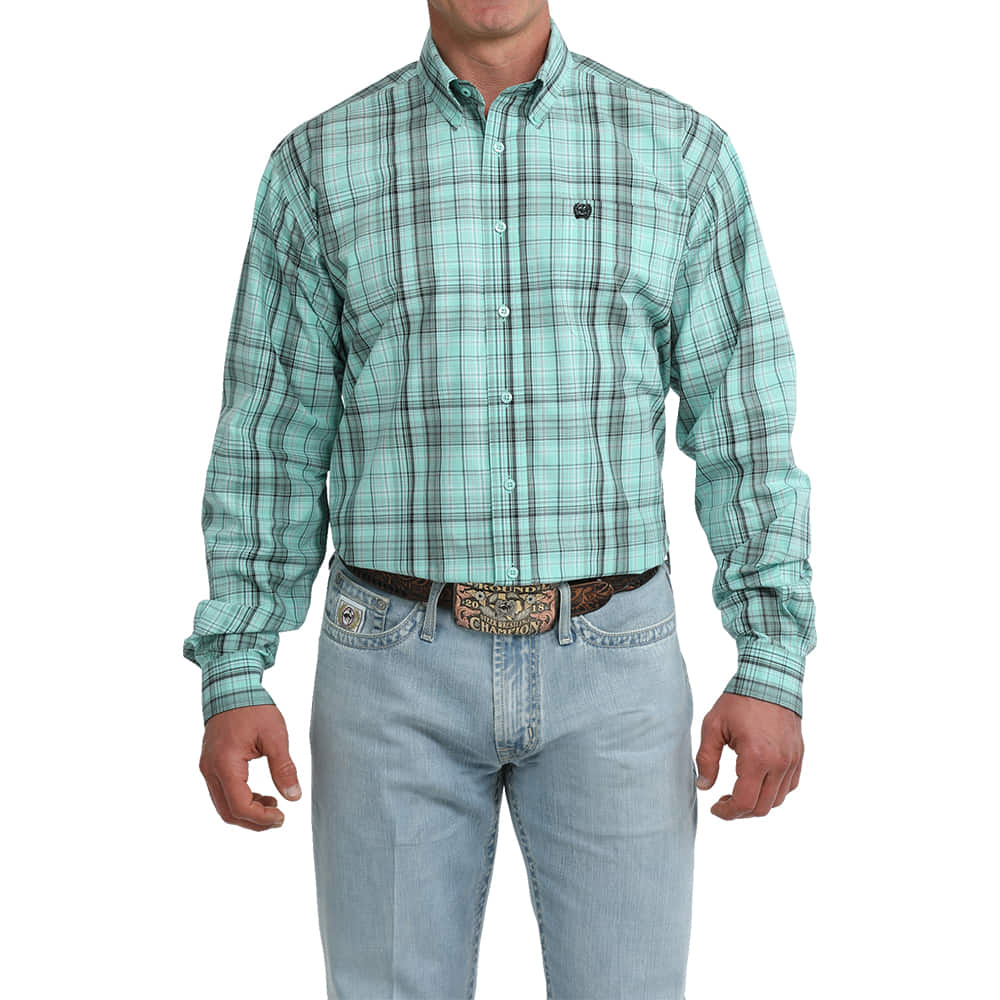 Cinch Apparel MENS LONG SLEEVE PLAID BUTTON DOWN SHIRT IN TURQUOISE