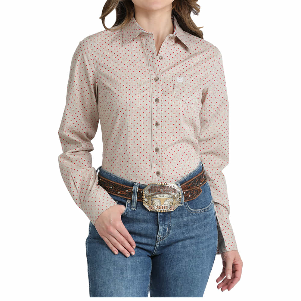 Cinch Apparel WOMENS PRINTED LONG SLEEVE BUTTON DOWN SHIRT IN KHAKI