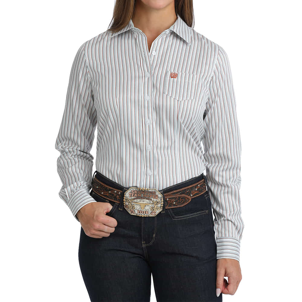 Cinch Apparel Womens Tencel Stripe Long Sleeve Button Down