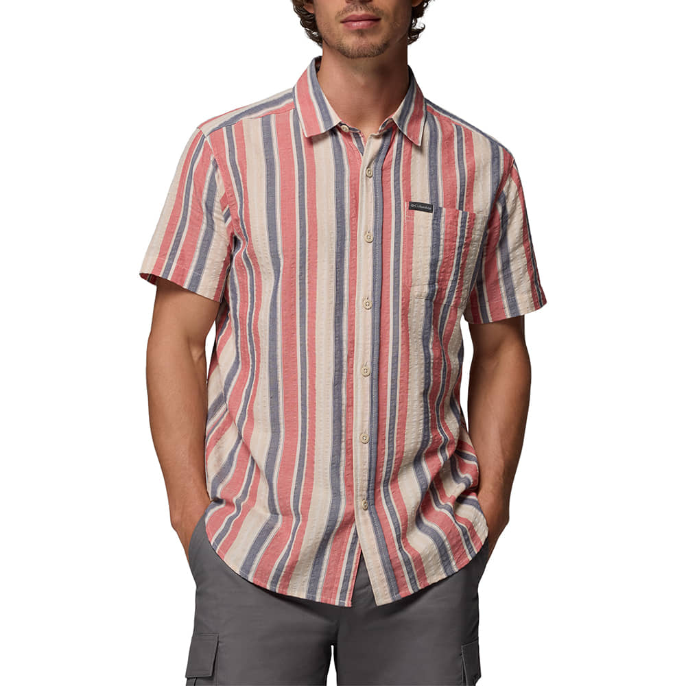 Columbia Sportswear Apparel Columbia Sportswear Men's Red Isle Stripe Rapid Rivers Novelty Short Sleeve Shirt