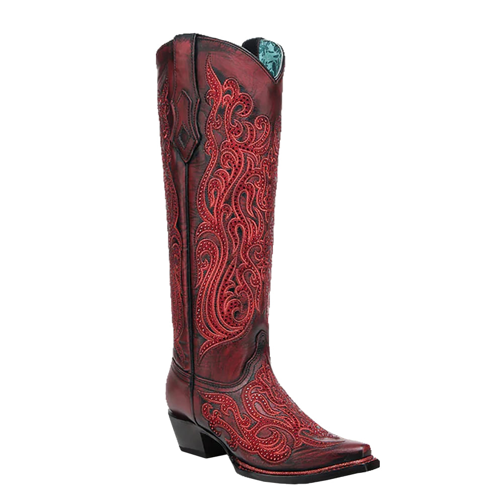 Corral Boots Footwear Corral Boots Red and Black Embroidery Crystals Tall Top Boot