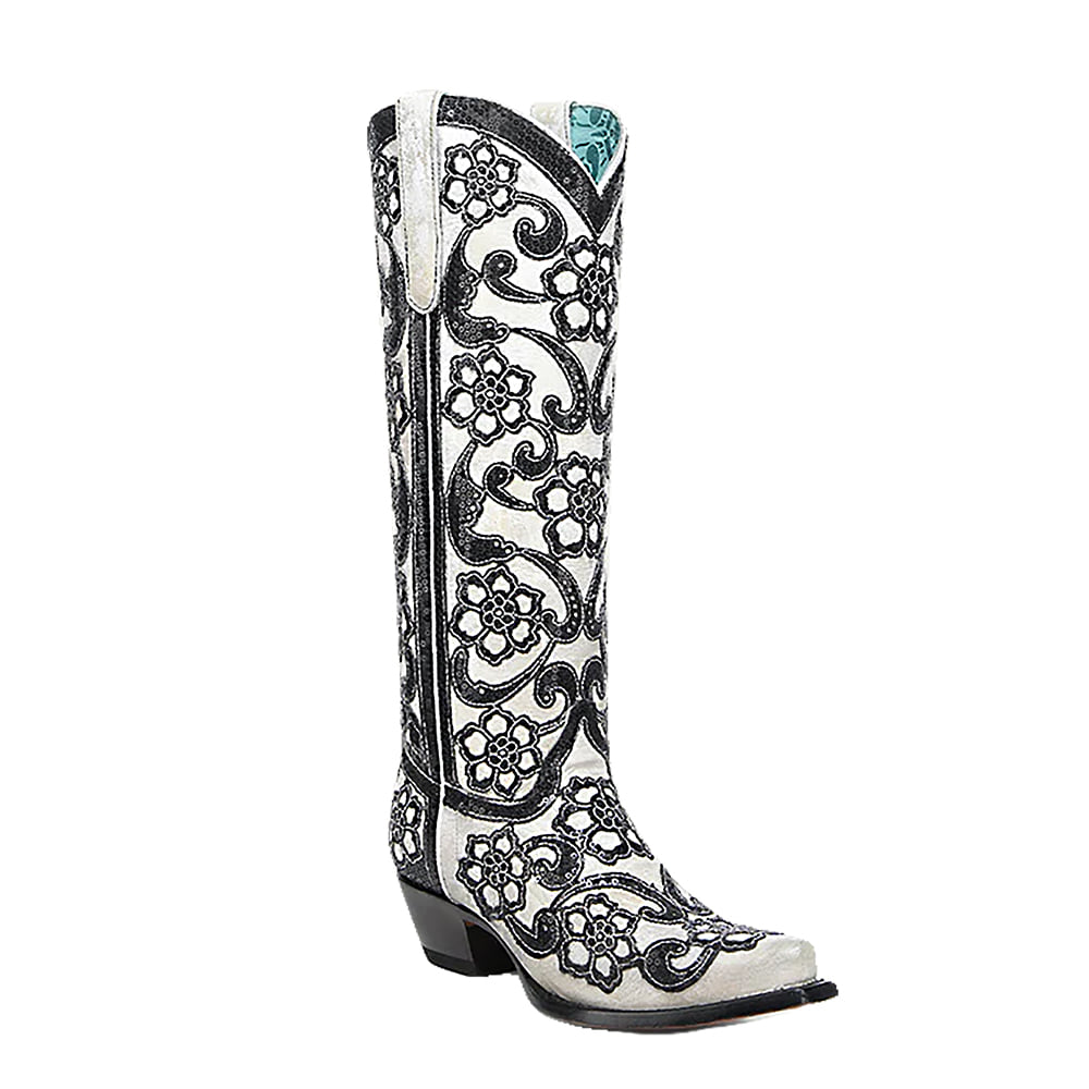 Corral Boots Footwear Corral Boots Women's Black and White Overlay Sequins Embroidery Floral Pattern Tall Top Boot